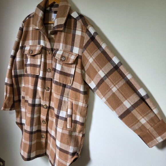 EUC TIME AND TRU PLAID BROWN MIX LONG SHACKET HEAVY SIZE M 8-10 - Picture 7 of 16